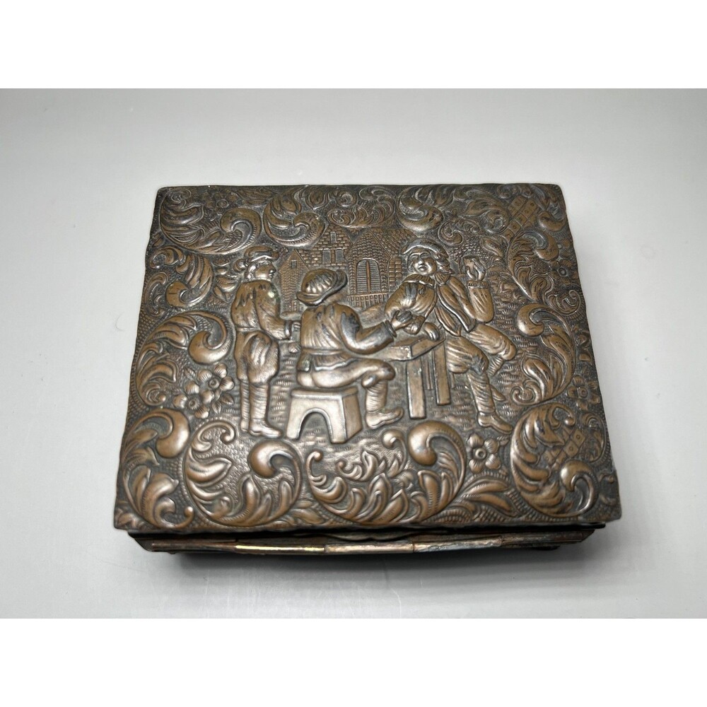 Vintage Tavern Scene Metal Wood Trinket Jewelry Box Small Brown Baroque Decor